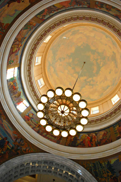 A chandelier hangs in the Utah State Capitol