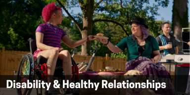 Disability and Healthy Relationships. Person who uses a wheelchair handing over a plate to their friend.