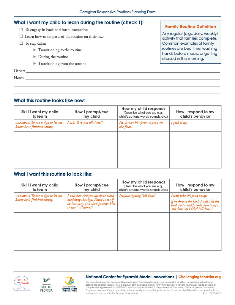 Second page Caregiver responsive routines planning form