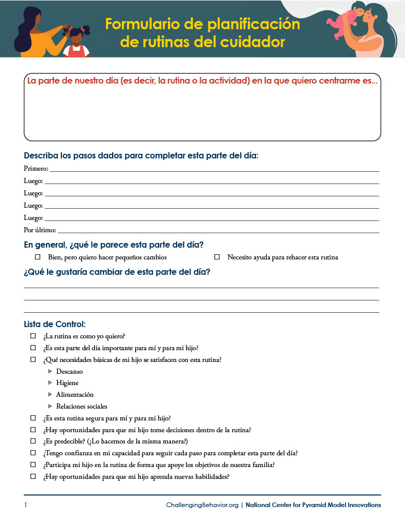 First page Caregiver Responsive Routines Planning Form (Spanish)