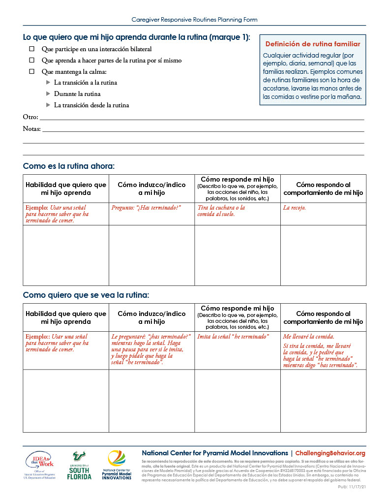 Second page Caregiver Responsive Routines Planning Form (Spanish)