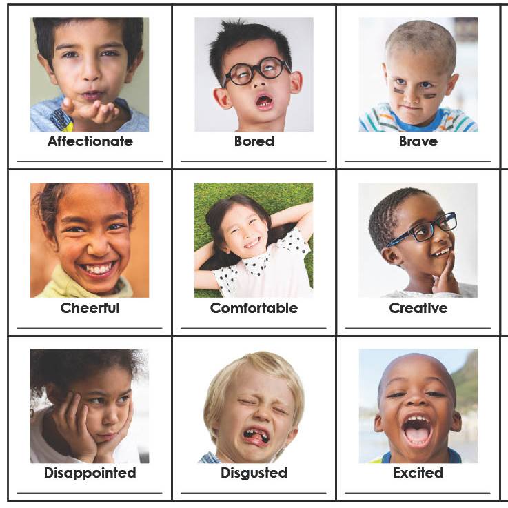 Cards of children portraying different emotions with text of the emotion below.